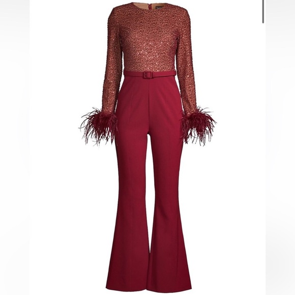 Lavish Alice - Burgundy Beaded Sequin feather trim long sleeve holiday Jumpsuit - Picture 4 of 8